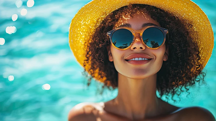 Woman at pool smiling with a beach hat and sunglasses on